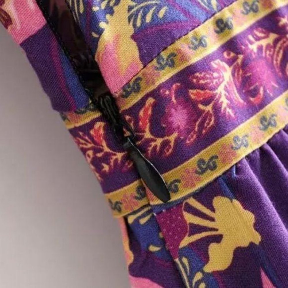 Boho Floral Print Gypsy Maxi Dress Purple Paisley - Picture 9 of 13